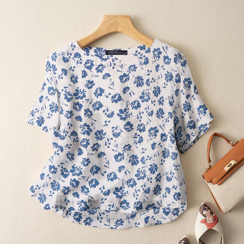 

ZANZEA Женская повседневная блузка с круглым вырезом и цветочным принтом до половины рукава L белый