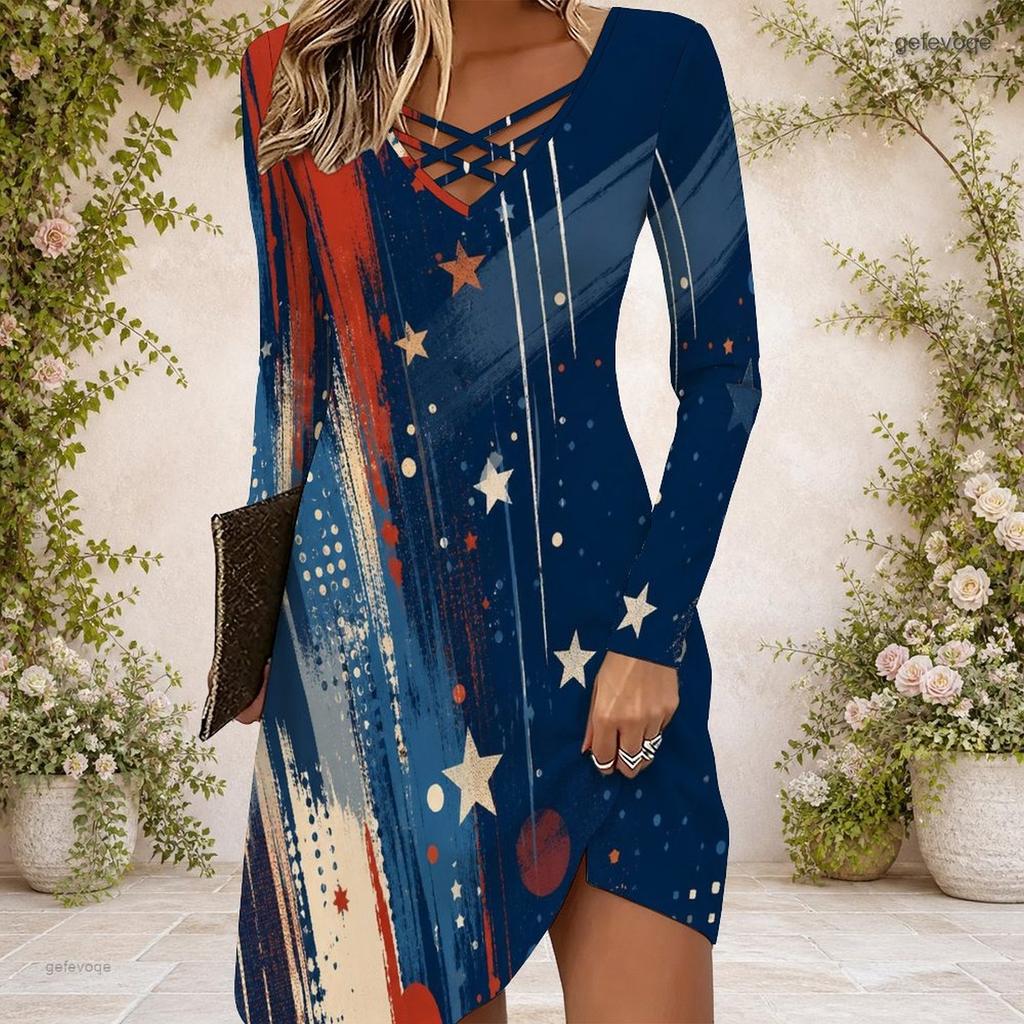 Women Cross V Neck Long Sleeve Dress Red Blue Geometric Abstract Print Irregular Hem Dress