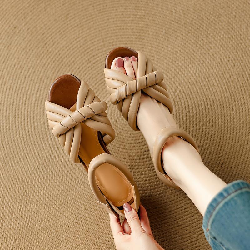 Fashion Women's new leather cowhide summer open toe fish mouth bag with low heel, comfortable and breathable Roman sandals