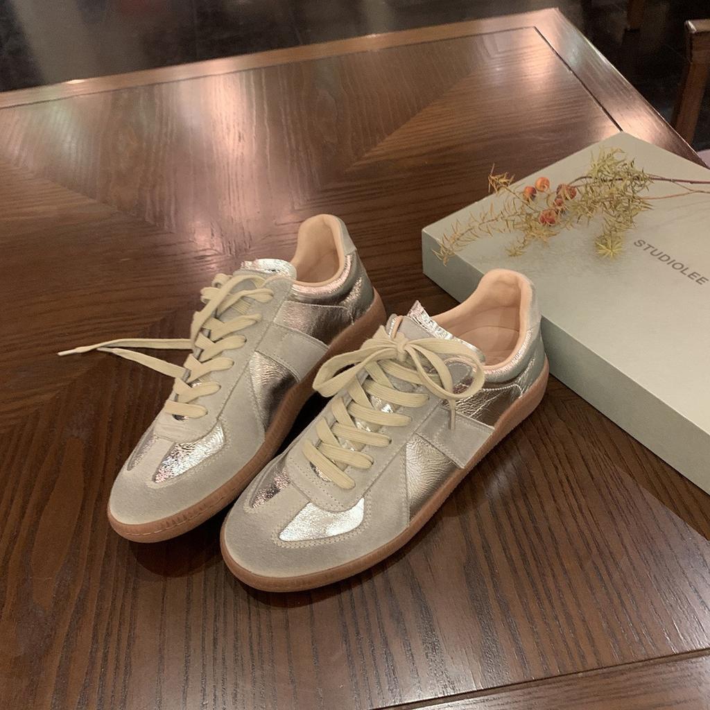 Cowhide version silver German training shoes women's Korean version leather color matching casual sports shoes versatile board shoes platform Forrest