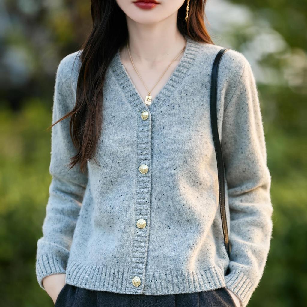 Women's Slim-Fit Wool V-Neck Knit Cardigan Sweater with Long Sleeves - Autumn/Winter Style