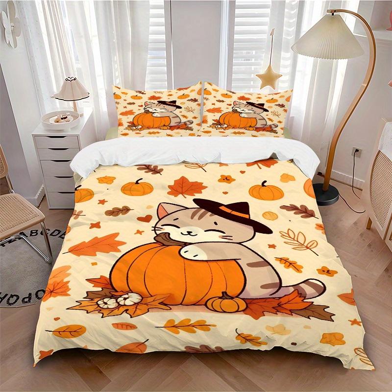 3pcs Halloween Cat Bedding Set, Suitable for Bedroom Decoration, (Includes 1 Duvet Cover And 2 Pillowcases, Quilt Not Included) yy250822187