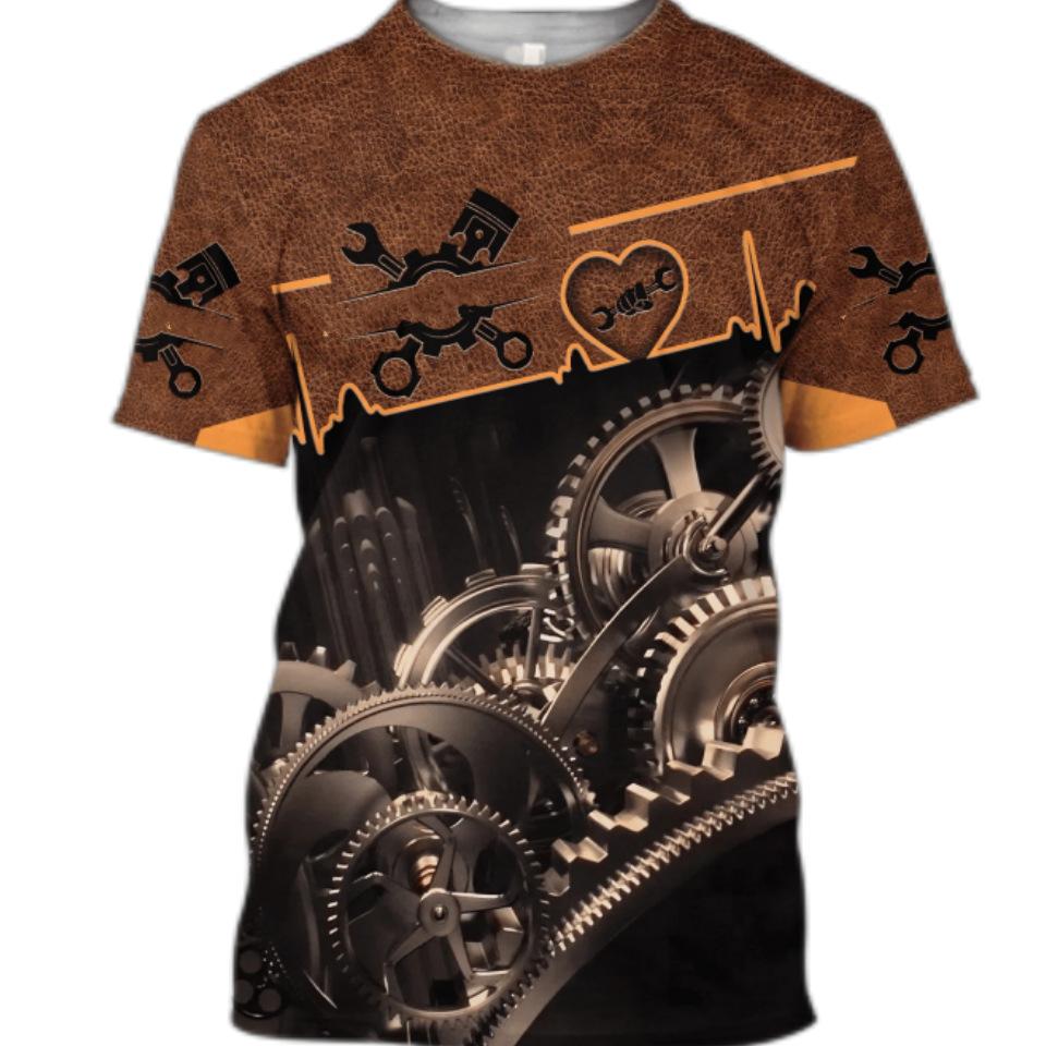 Mechanic 3D Printed Short Sleeved T-shirt Summer Breathable Polyester Simple Round Neck Top
