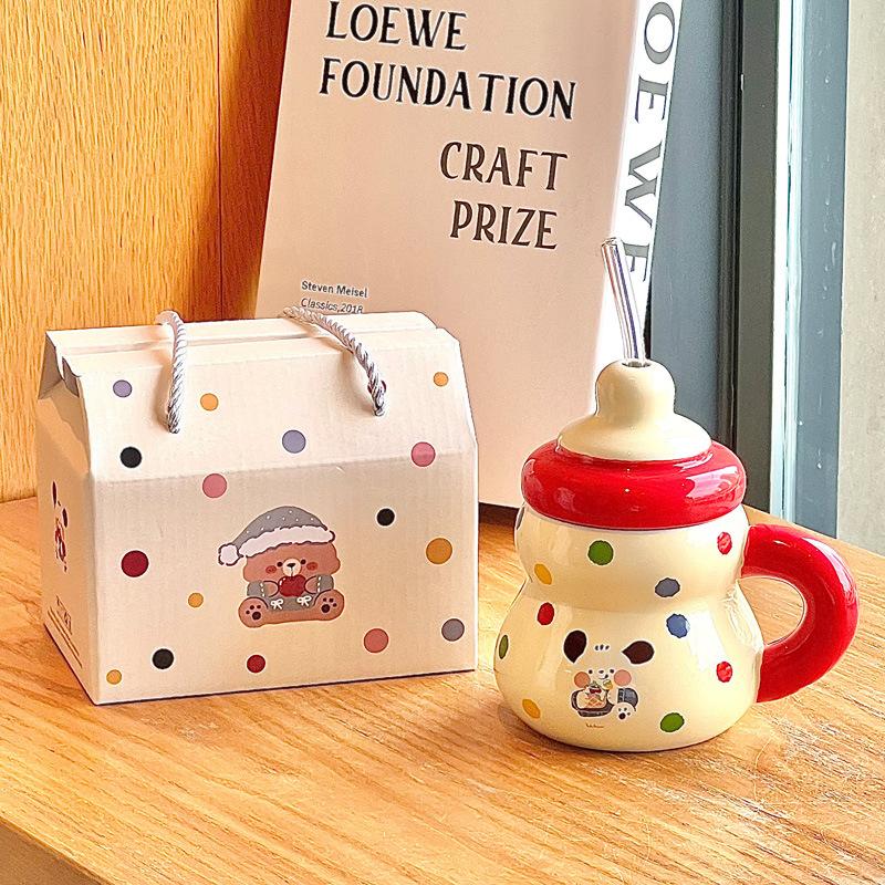 Straw water cup cute girl high-value ceramic mug household drinking cup birthday gift
