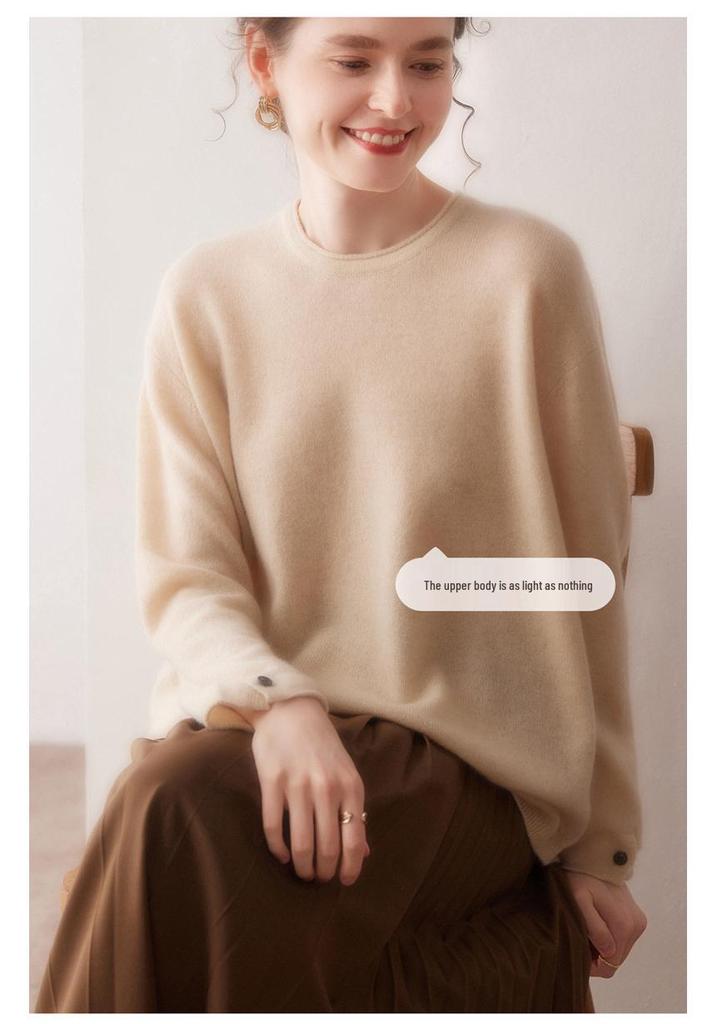 Women's 100% Pure Cashmere Raglan Sleeve Pullover - Solid Color, Round Neck, Long Sleeve, Autumn/Winter Knit Sweater.