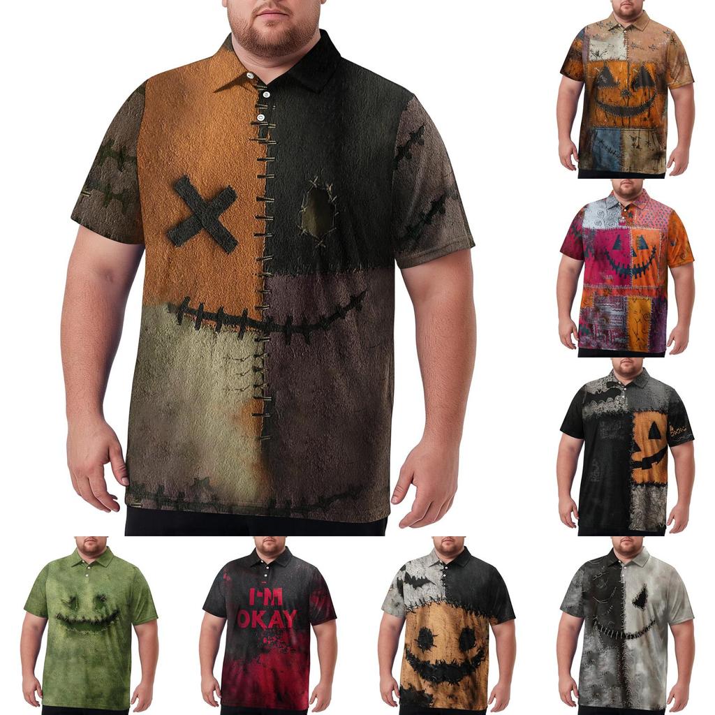 Men's Plus Size Halloween Print Golf Polo Shirt Breathable Short Sleeve Casual Workwear Top with Button Collar