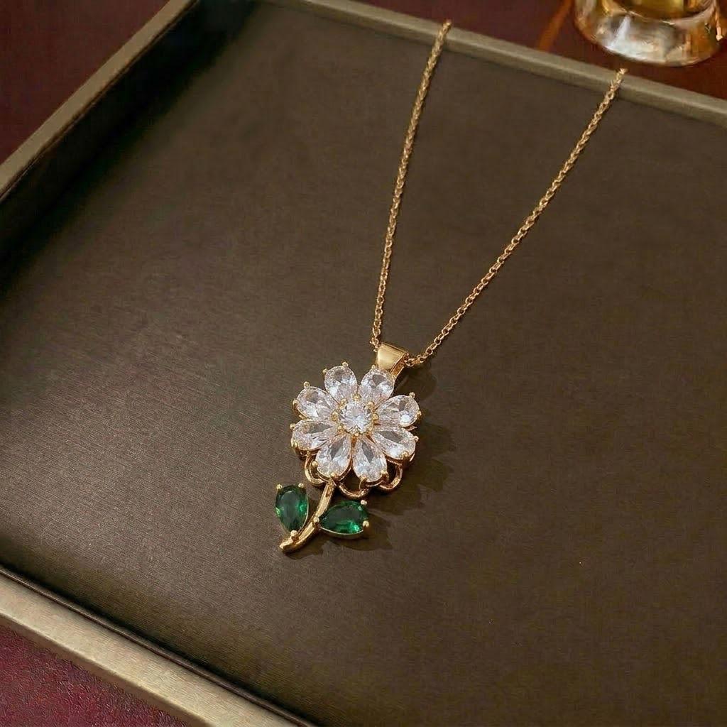 European & American Women's Zircon Flower Necklace & Rotatable Pendant Earrings Set
