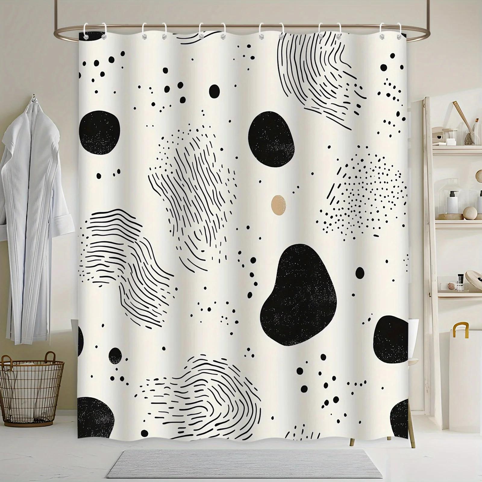 

Contemporary Abstract Bath Curtain - Geometric Black Shapes on Cream, Hand-Drawn Texture, Modern Art Style, Polyester W90xH180cm
