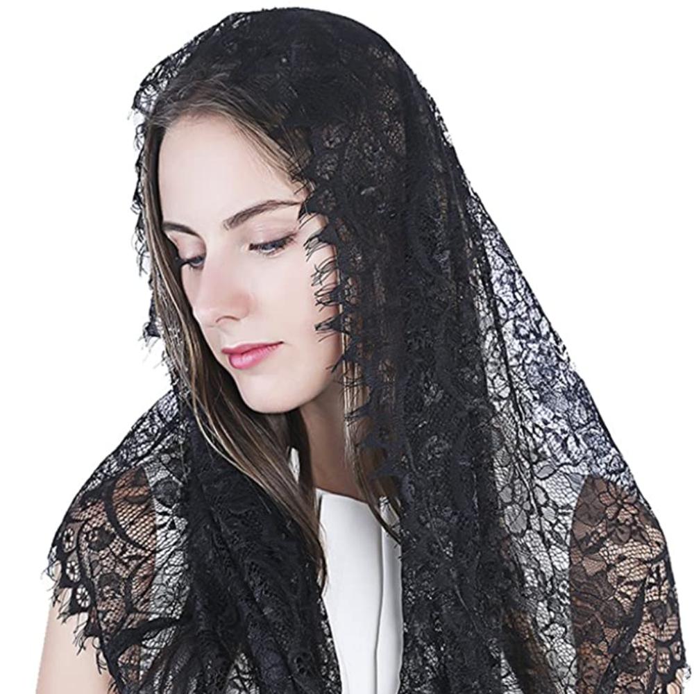 Women Infinity Scarf Lady Mantilla Lace Catholic Veil Elegant Church Veil Head Covering Latin Mass Wedding Bridal Shawl Black