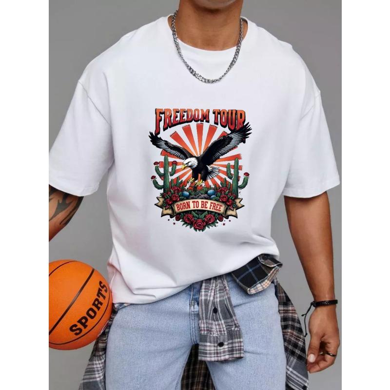 Freedom Tour T Shirt White Eagle Cactus and Roses Print Born To Be Free Text Graphic Tee for Casual Outfits and Outdoor Events