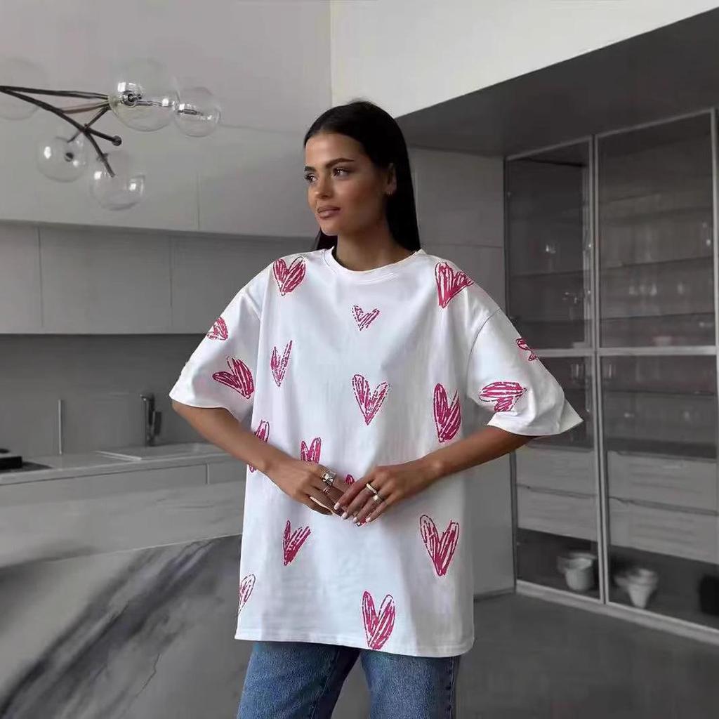 Summer Heart Print Loose Fit Cotton T-Shirt - European & American Style, Age-Reducing & Versatile Fashion