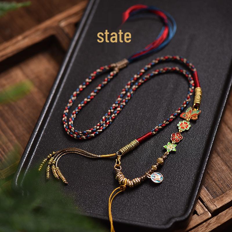 Tibetan Handmade Braided Thangka Pendant Amber Jade Tassel Necklace