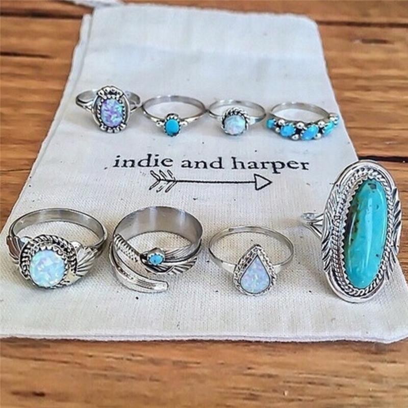 

8PCS/Set Bohemian Women Silver Turquoise Finger Rings Opal Rings Wedding Gift серебряный