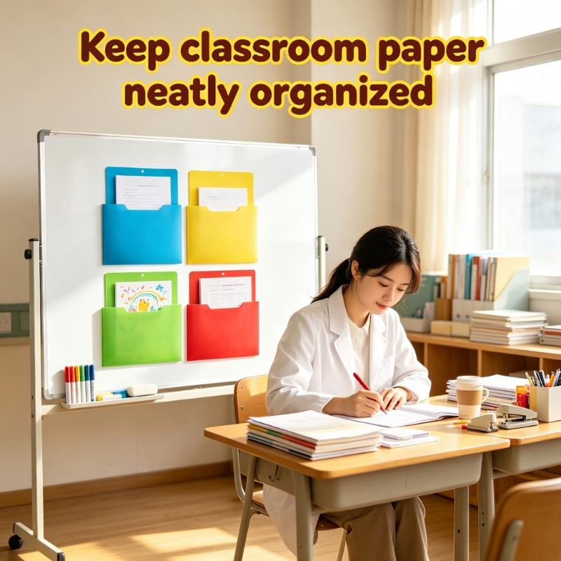 Magnetic Wall File Pocket for A4 Documents, Plastic File Paper Organiser Rack with Hanging Hole for Offices Desktop Metal Cabinet