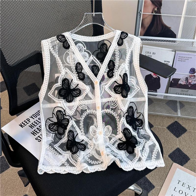 Lace Crochet Embroidery V-Neck Mesh Plus Size Layered Tank Top for Women M белый