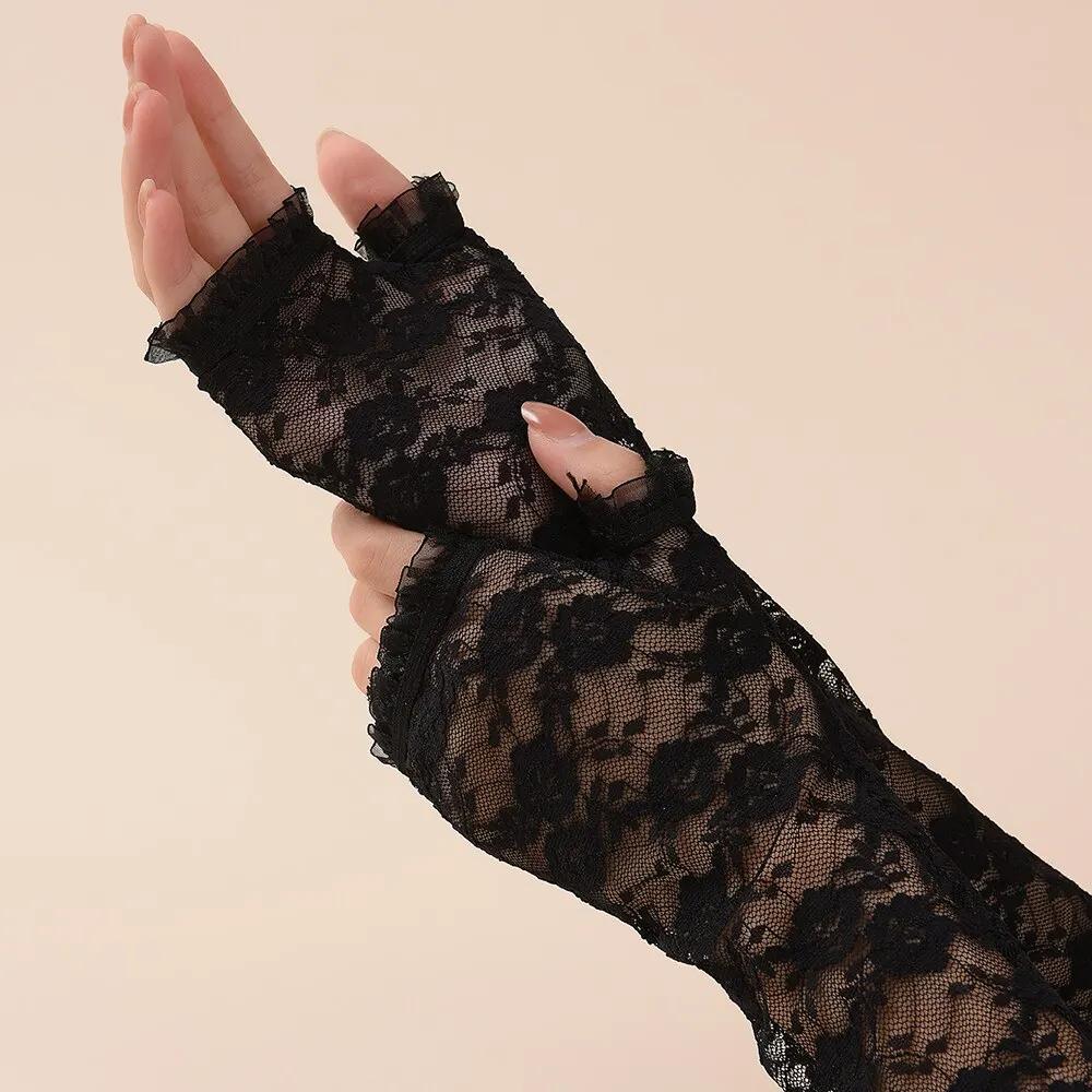 Summer Women's Sleeves Long Lace Sunscreen Driver's Half Finger UV Resistant Lace Sexy Evening Gloves