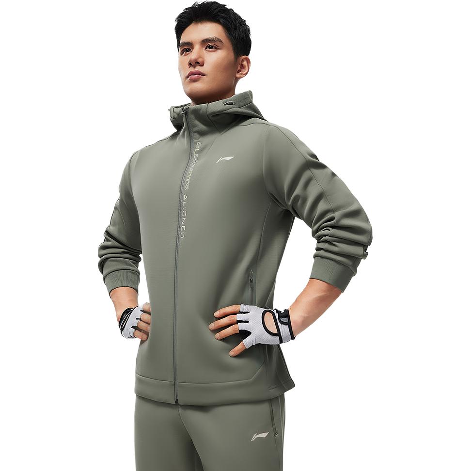 Li Ning Série Fitness Imprimé Lettres Simple Course à Pied Extérieure Très Extensible Sweat-shirt Cardigan à Capuche Homme Sweat-shirt Vert Vissé AWDU067-4
