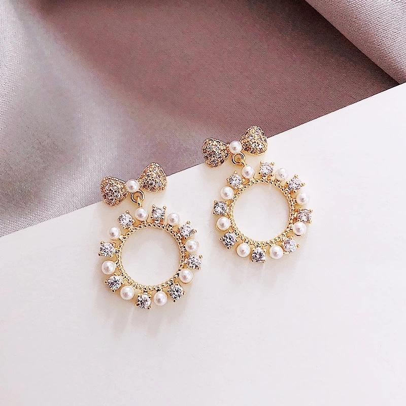 925 Silver Needle Temperament High-end Full Diamond Pearl Earrings Women's ins Wind Geometric Earrings Korean Light Luxury Earrings