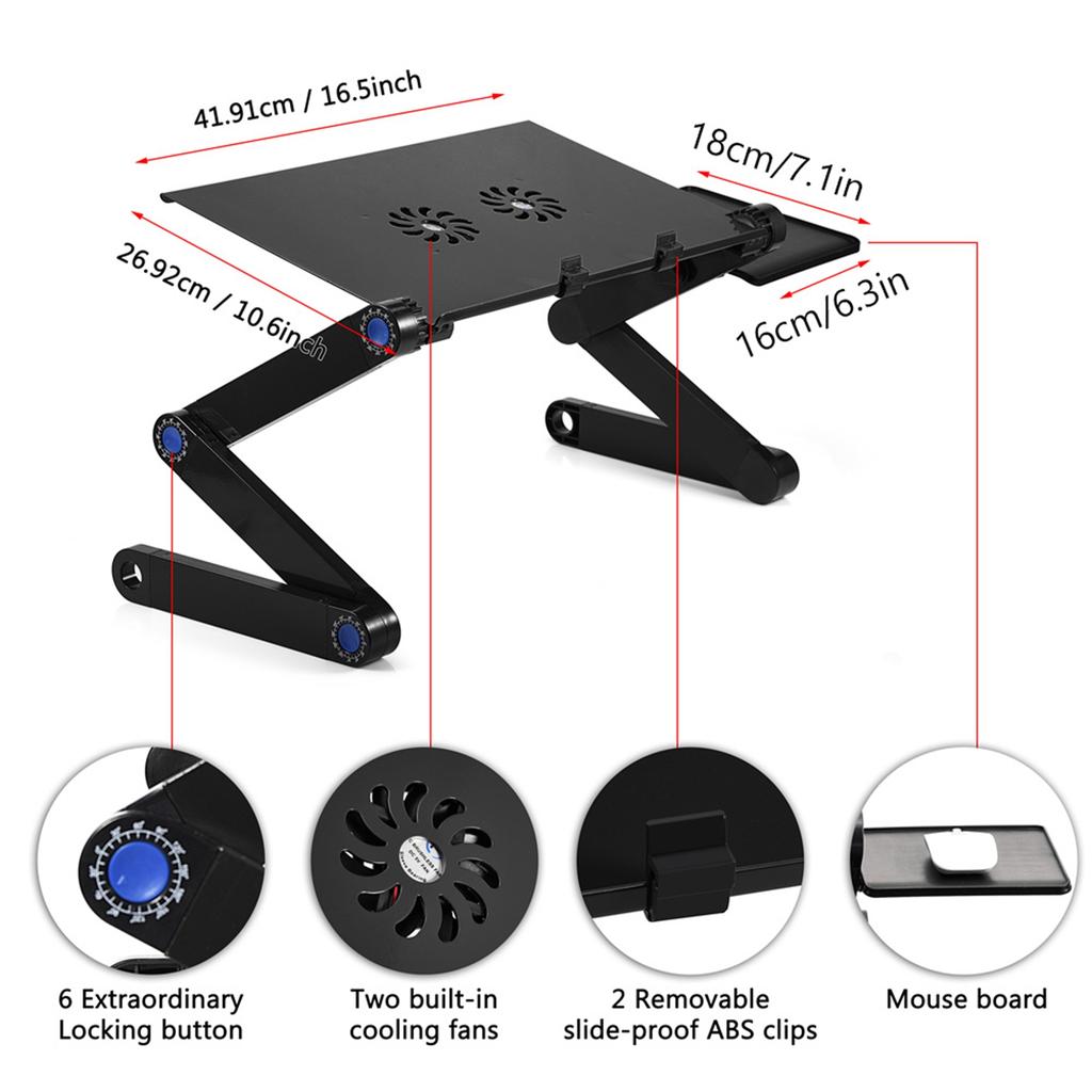 360 degrees Adjustable Foldable Laptop Desk Table Stand Holder w Cooling Dual Fan Mouse Boad Black