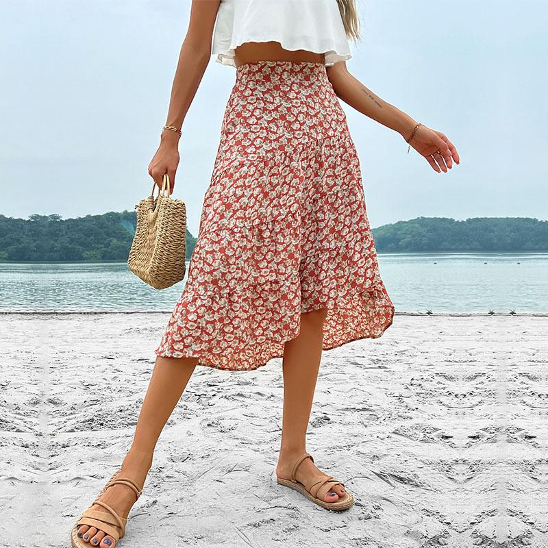 2026 new summer European and American lotus leaf edge printing skirt irregular floral skirt women S