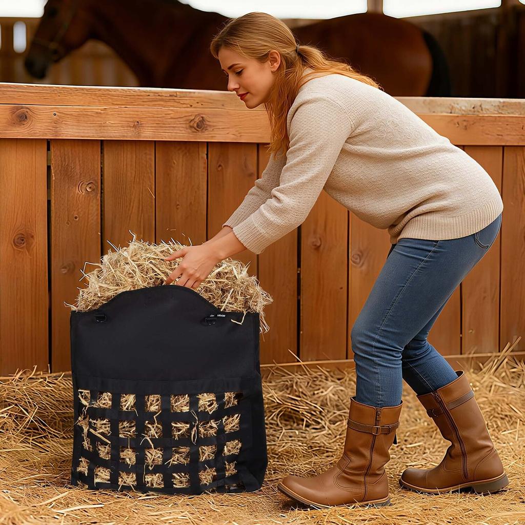 Hay Bag for Horses, 55 X 18.5 X 64 Cm, 46 X 46 Mm Holes, Premium Nylon Construction with PVC Waterproof Coating, Adjustable Hanging Straps and Metal