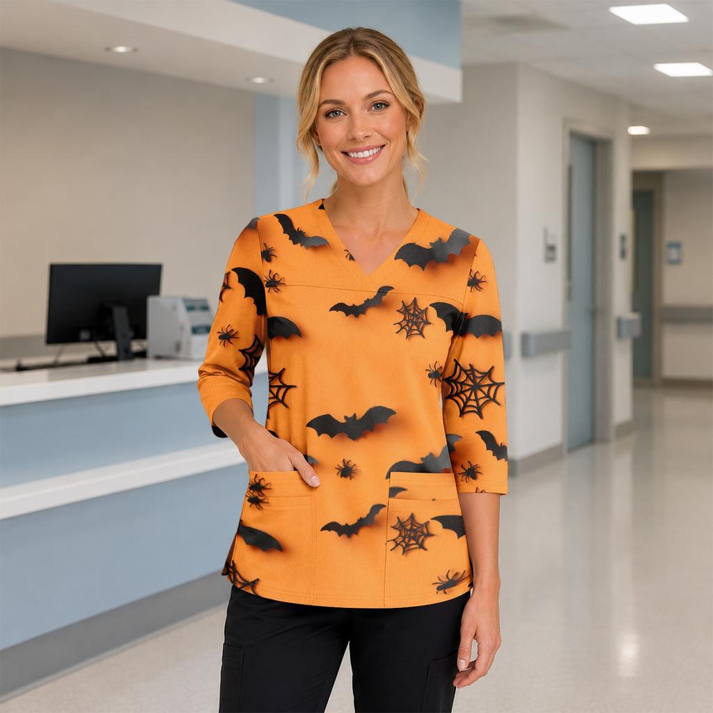 Womens V Neck Halloween Print Medical Scrub Top with Three Quarter Sleeves Side Slits and Front Pocket Nursing Uniform Shirt