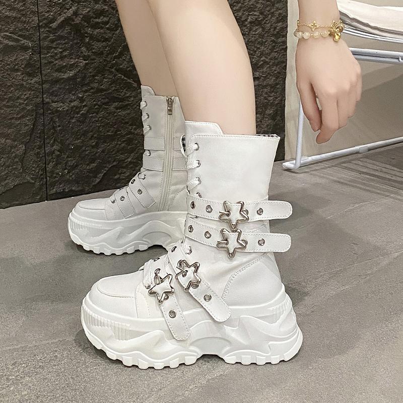 Fashion Chunky Platform Boots Women Punk Star Buckle Strap Sneakers Autumn Winter Thick Bottom Motorcycle Boot
