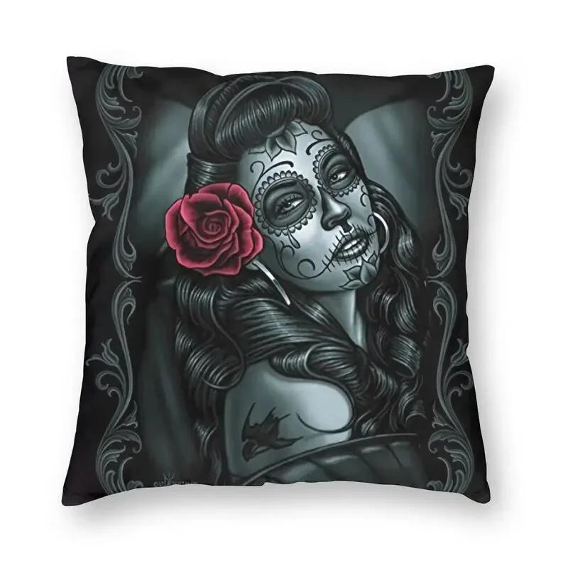 Halloween Zuckerschädel Mädchen Kissenbezug Sofa Heim Dekoration Mexikanisch Chicano Stil Quadratischer Wurfkissenbezug 40x40cm