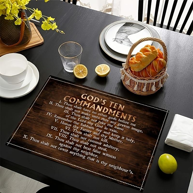 Set of 4 Flat 2D Table Mats Featuring a Lion Background with The Ten Commandments. Elegant Placemats for Kitchen Tables, Suitable for Both Indoor And