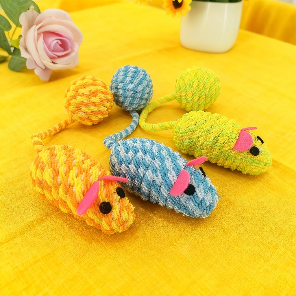 Knitted Mouse Cat Toy, Interactive Plush Mouse Toy with Ball Tail for Indoor Cats