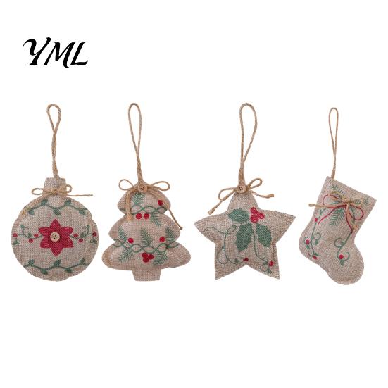 Farmhouse Christmas Stocking Ornaments Burlap Ornaments, Rustic Linen Fabric Hanging Decoration, Tree Ball Vintage Style Xmas Decor Star Shaped