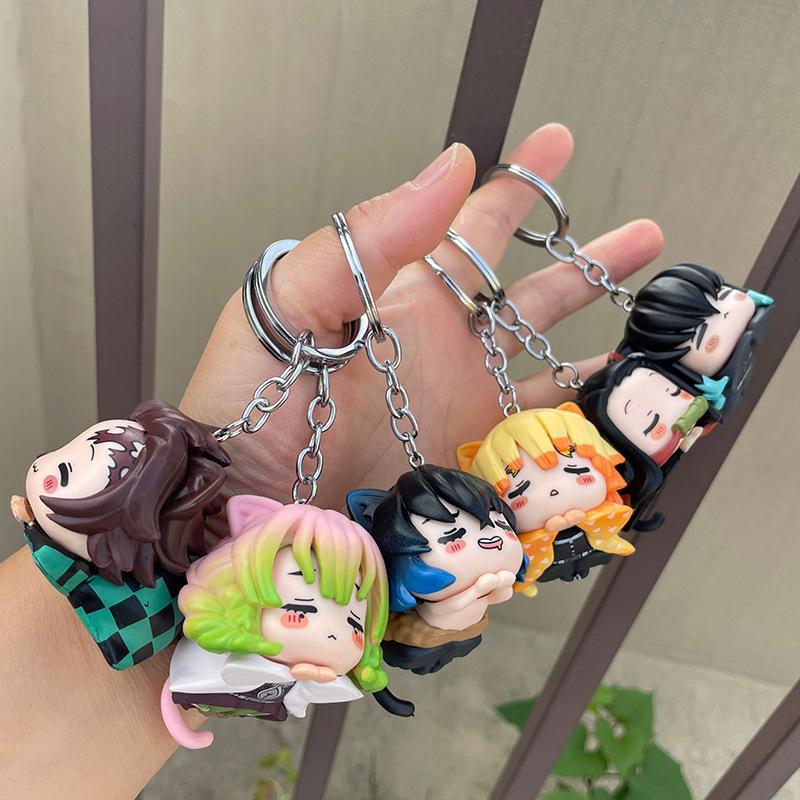 

Hot 6pcs Demon Slayer Character Peripheral Doll Keychain Q Version Sleeping Position Tanjiro Nezuko Cartoon Keychain Present