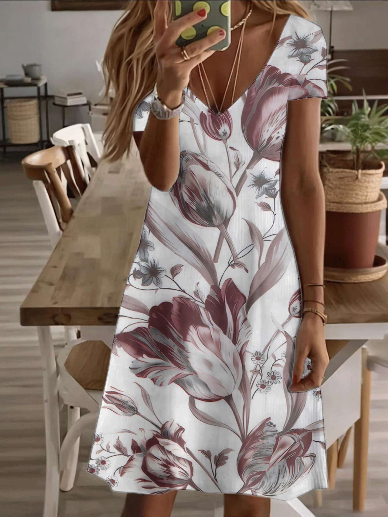 

Vneck shortsleeve midi dress tulip floral women print design 3D highquality printing durable and soft fabric elegant summer casual fashion style fo 5XL дубильная кора