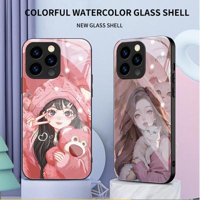 Tempered Glass Casing Cute Cartoon Young Girl Printed Protective TPU Cover Soft Case Shell for iPhone Samsung
