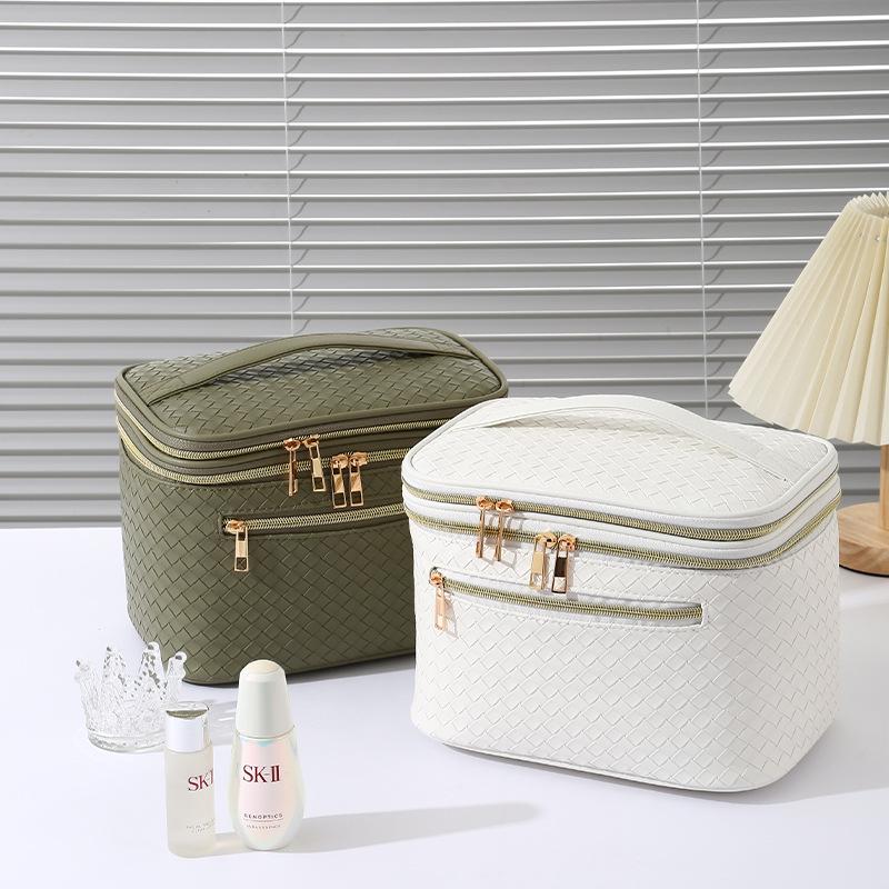 Flerfärgad dubbellagers PU-reseorganisatör för smycken och smink med vävd textur