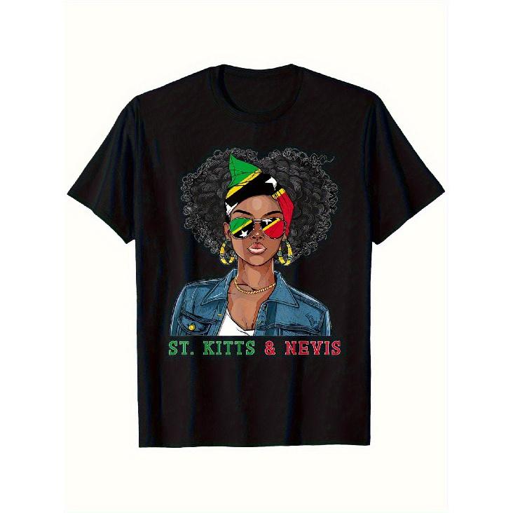 St. Kitts And Nevis Flag Graphic T-Shirt - Black 100% Soft Casual Streetwear Tee with Vibrant National Colors, Round Neck Short Sleeve Shirt for Men