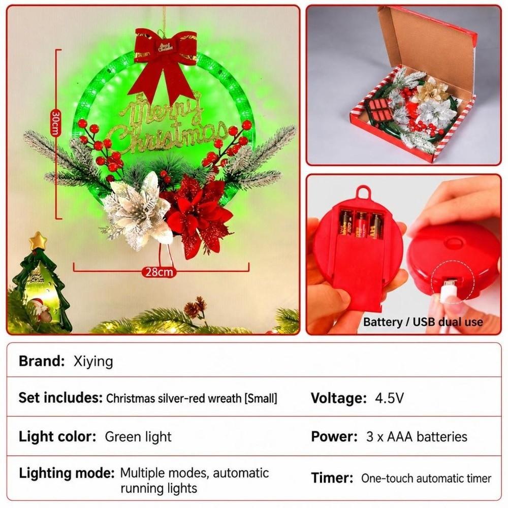 Decorative 28cm Christmas Wreath Illuminated DIY LED Light Hanging Garland Holiday Door Wreath Home Ornament