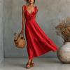 European and American women's summer new French ruffled spaghetti strap dress, linen-textured vacation maxi dress
