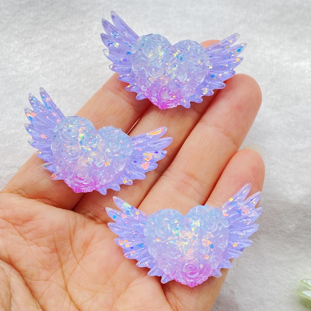 6Pcs Cute Resin Sparkling Colored Rose With Heart-shaped Wings Flat Back Scrapbooking DIY Jewelry Craft Decoration Accessories