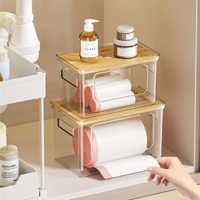 Clear Plastic Waste Bag Dispenser Organizers Featuring User Friendly Bamboos Cover And Spacious Design