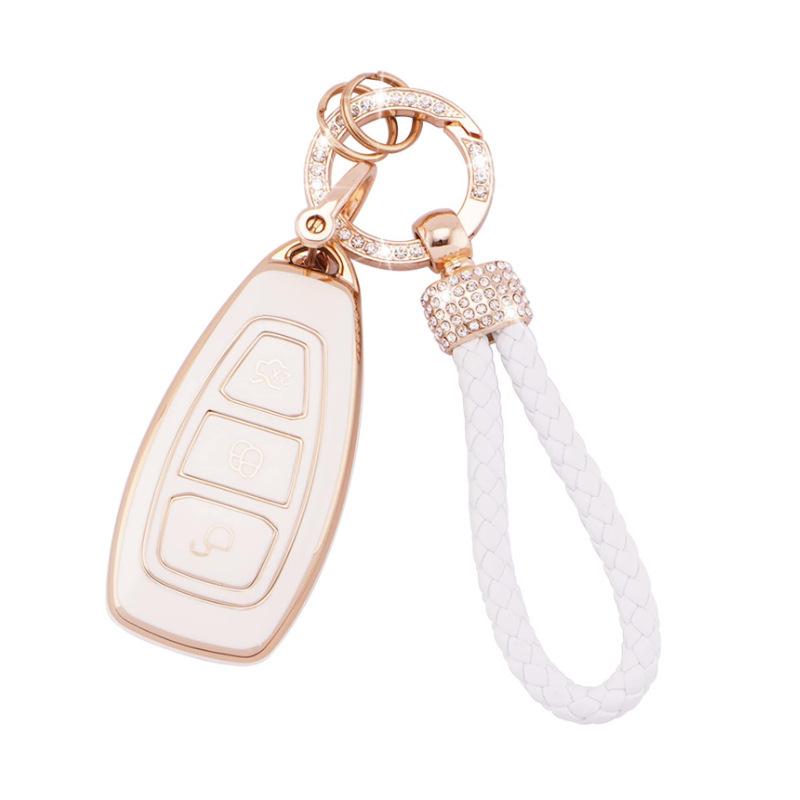 Gold-Rimmed Car Key Set with Diamond Ring Pendant Key Chain