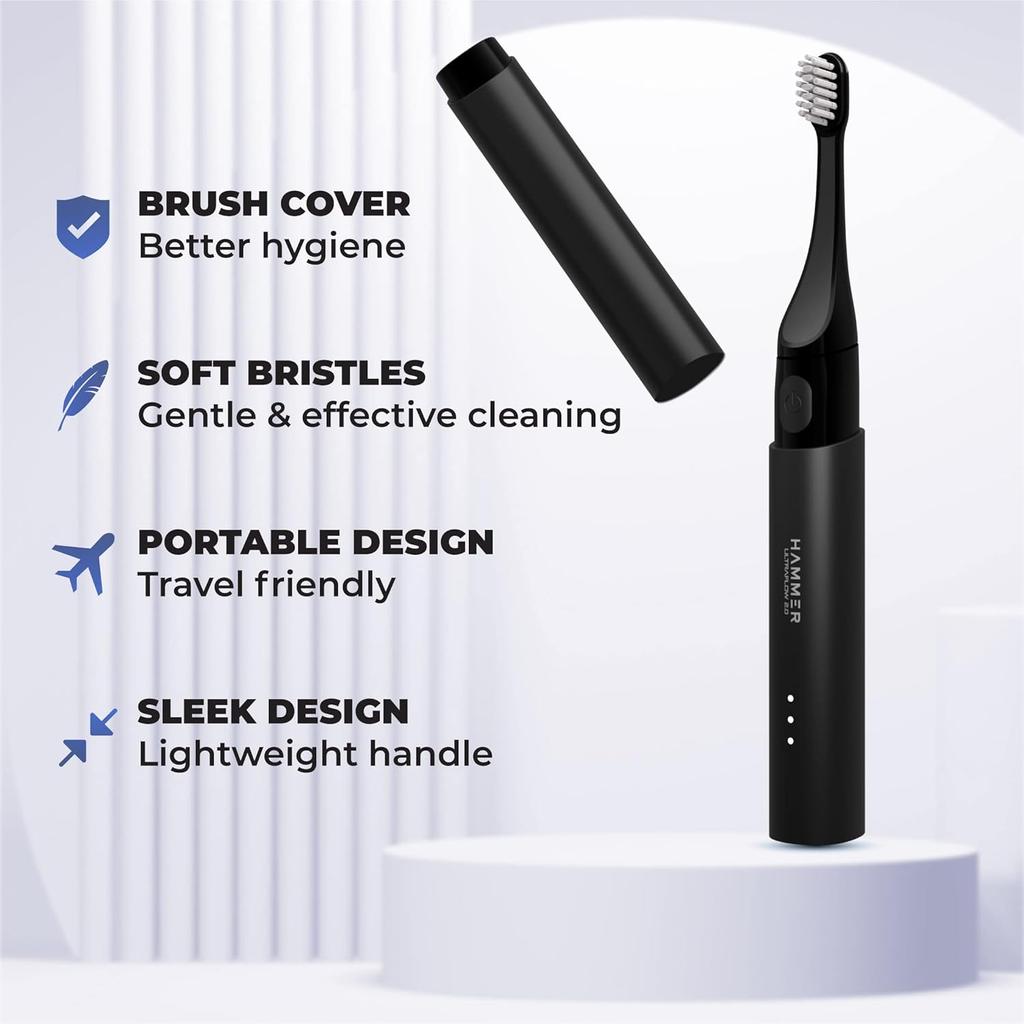 Hammer Ultra Flow 2.0 Electric Toothbrush & 2 Replaceable Brush Heads for Men & Women, 3 Brushing Modes, Rechargeable Battery (Black)