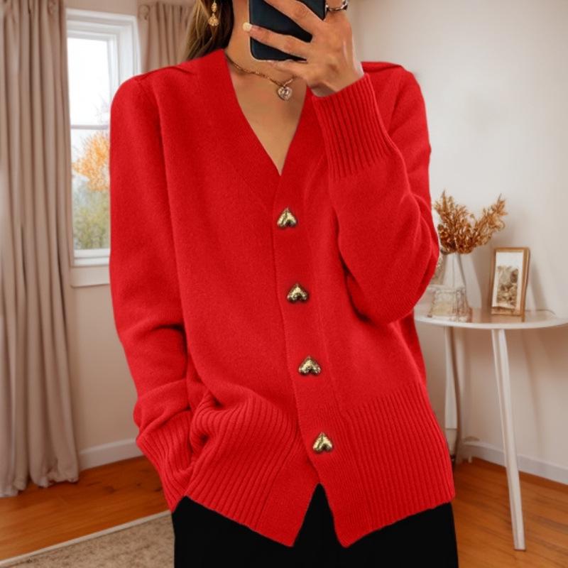 Women's Autumn/Winter V-Neck Knitted Cardigan with Heart Row Buttons