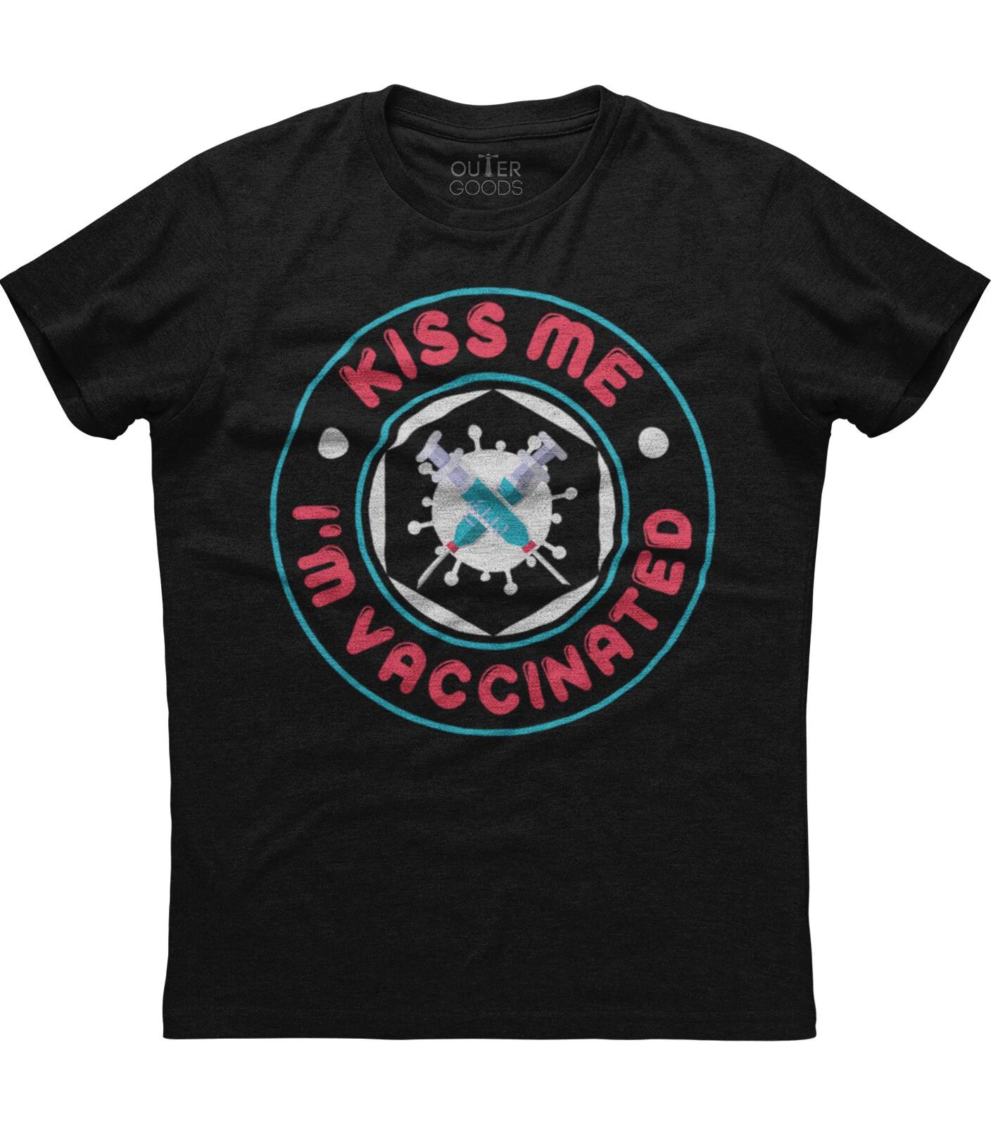 Kiss Me I m Vaccinated: Funny Quoted Mens Short Sleeve Cotton Black T-shirt L