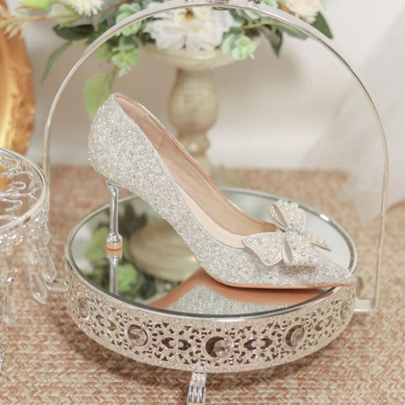 Fashion Silver Wedding Shoes 2025 New Crystal Bow Fairy Style Bridesmaid Stiletto Heels