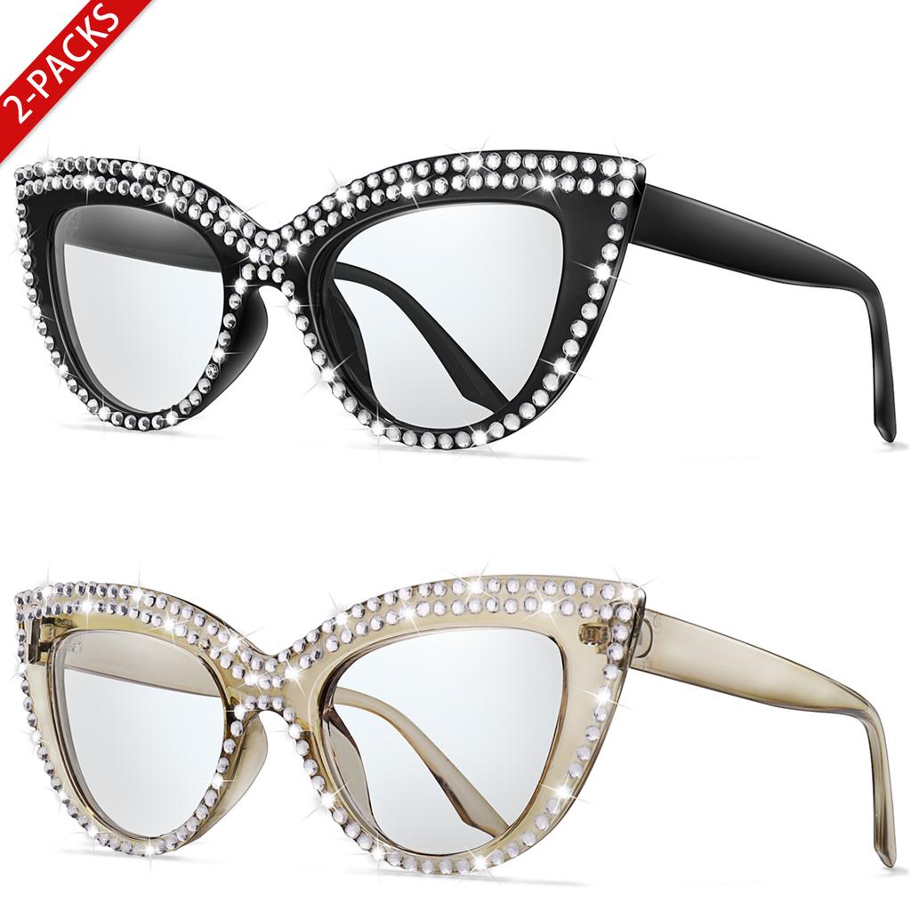 2 Pairs Trendy Glasses for Women Cat Eye Limation Diamond Beautiful Streetwear Decoration Eyewear for Party, Travel Vocation