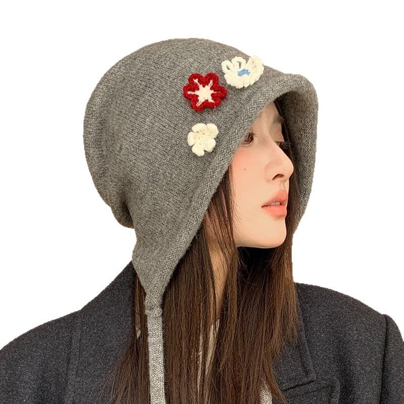 Autumn and winter flower knitted bucket hat new hat female cute washbasin hat casual versatile bucket hat