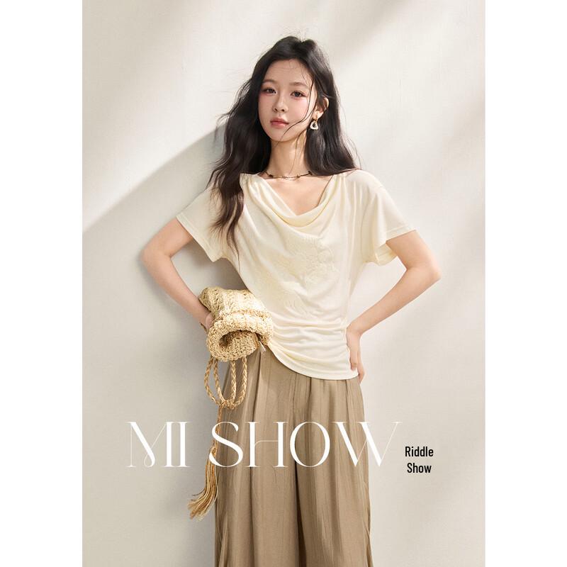 Lyocell Drape Neck Embroidered Short Sleeve T-shirt