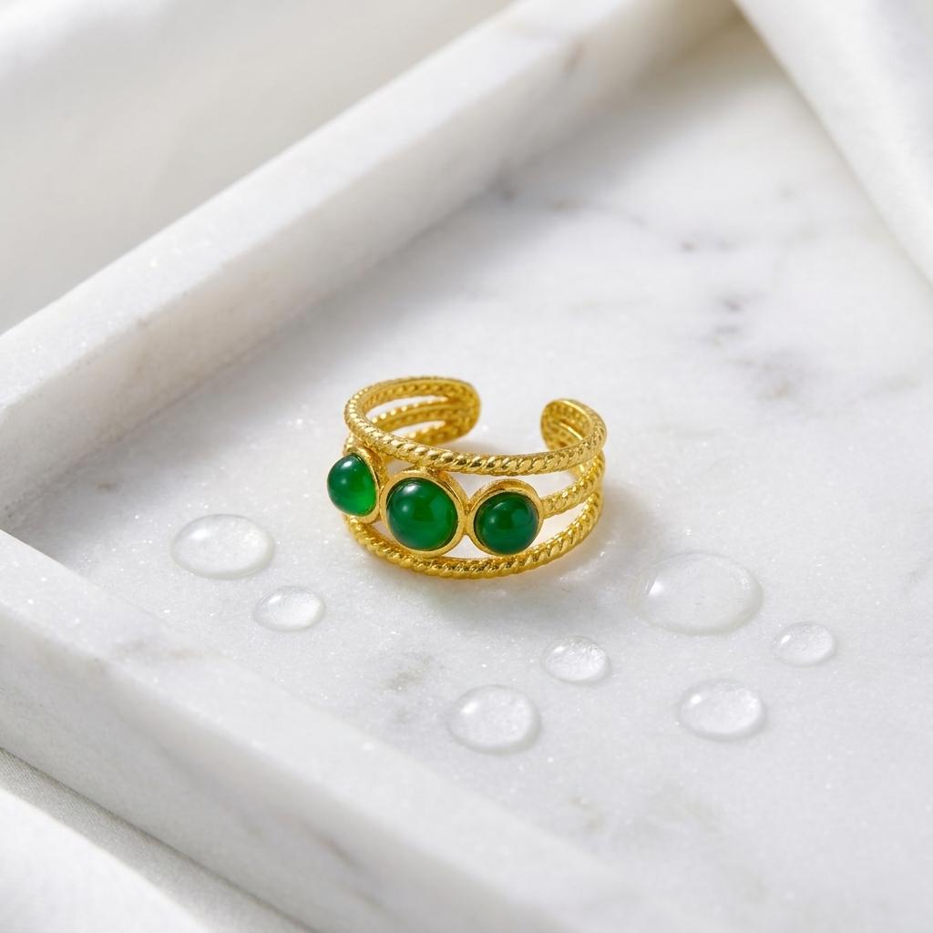 Vintage Multilayer Green Stone Ring for Women Delicate Adjustable Stainless Steel Gold Plated Finger Jewelry Party Gift