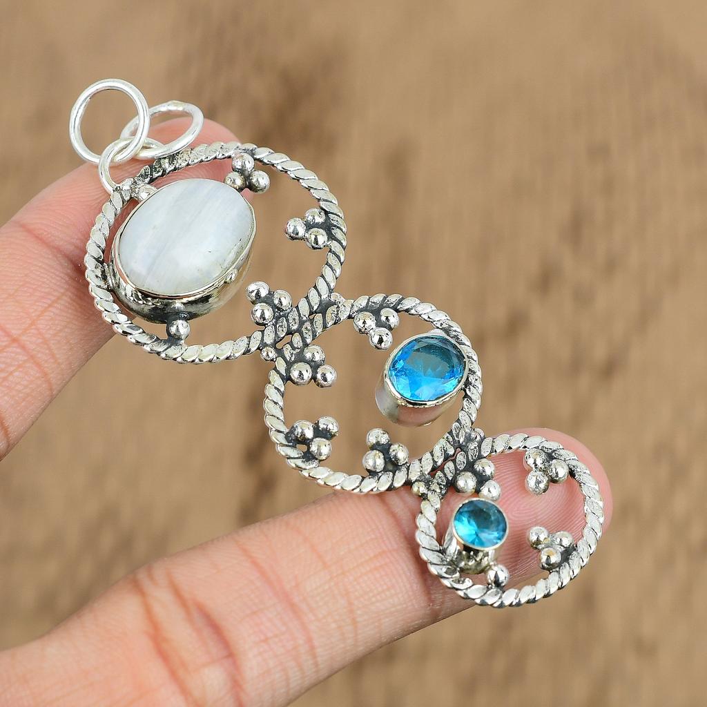 Natural Rainbow Moonstone Gemstone Pendant 925 Sterling Silver Jewelry For Women